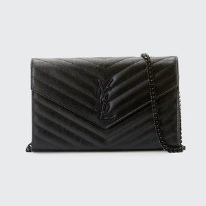 YSL Black MONOGRAM CHAIN WALLET IN GRAIN DE POUDRE